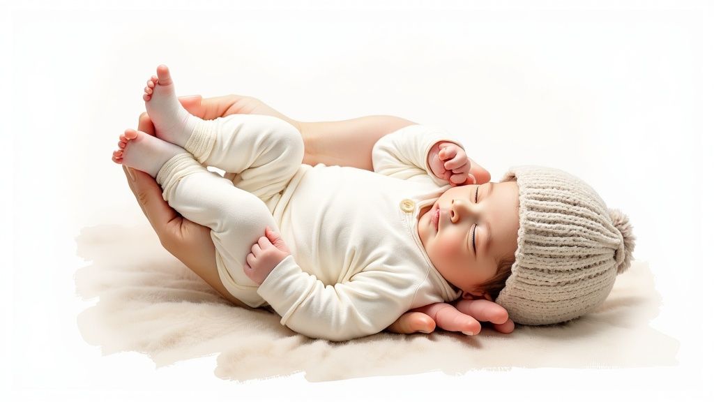 A newborn baby wearing a soft, patterned take me home outfit and a matching hat, sleeping peacefully.