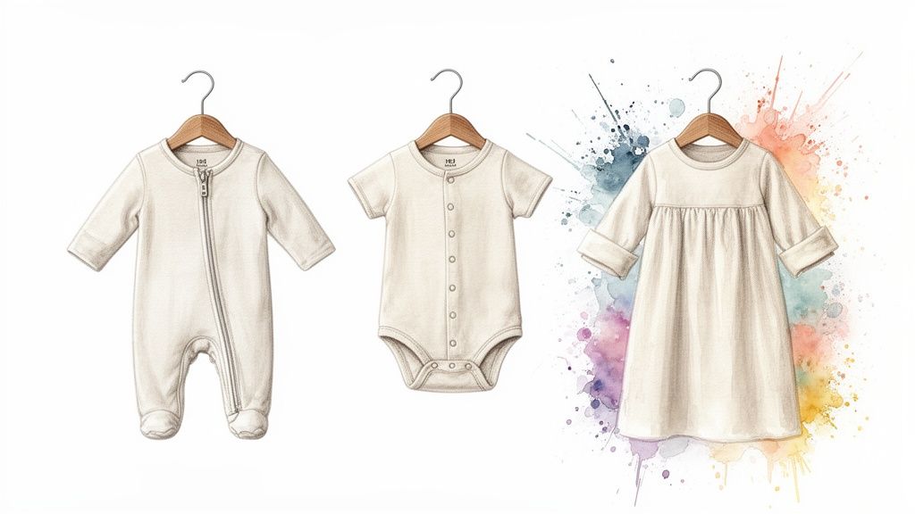 Three natural-colored baby clothes on hangers: a zip romper, a snap bodysuit, and a dress with watercolor background.