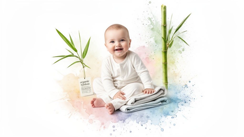 A happy baby in white organic bamboo clothing sits between bamboo plants, on colorful watercolor splashes.