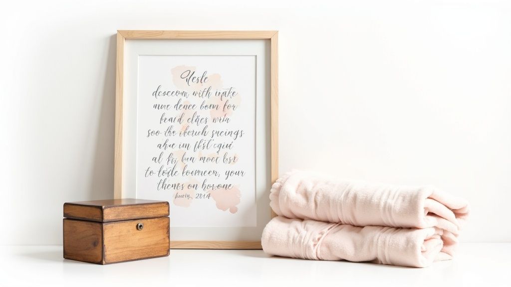 A framed calligraphy print, a wooden box, and folded pink baby blankets on a white surface.