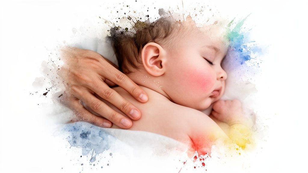 A sleeping baby with flushed cheeks, gently cared for by a comforting hand.