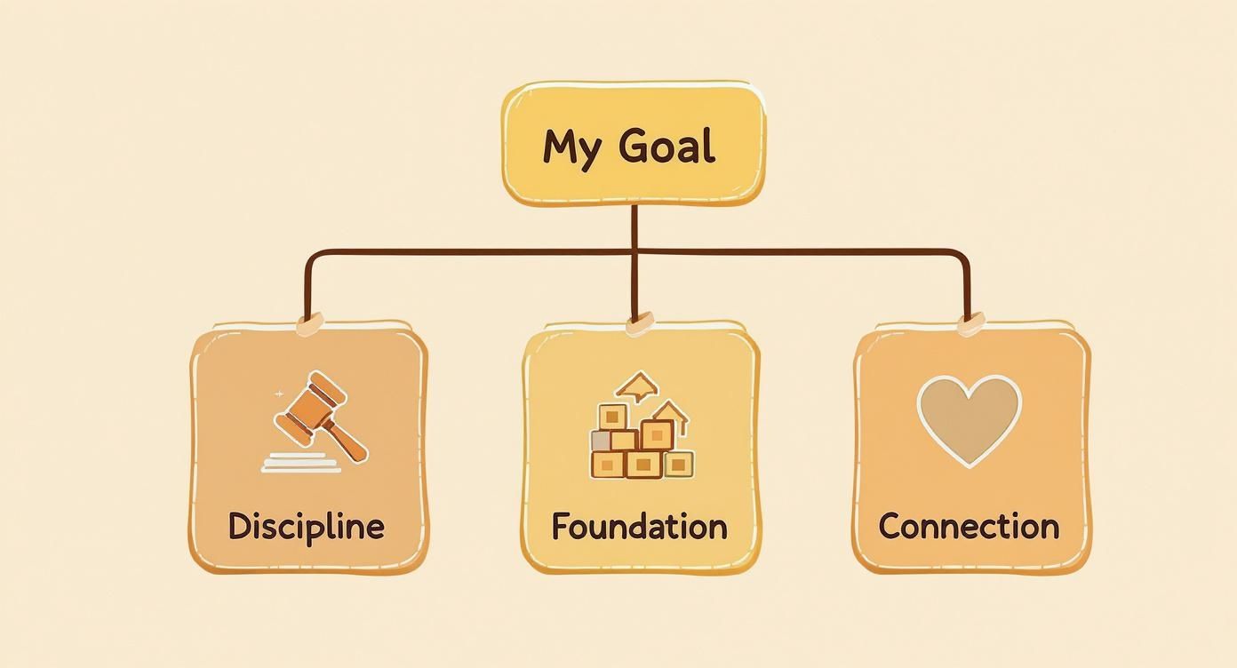 Diagram showing three pillars supporting goals: discipline with gavel, foundation with building blocks, and connection with heart