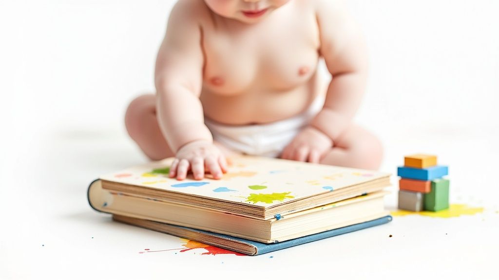 A baby in a diaper plays with colorful paint-splattered books and wooden blocks.