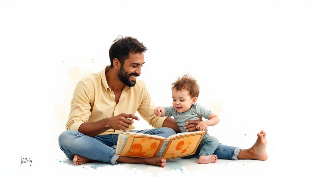 A smiling father reads a colorful board book to his happy baby on a white background.