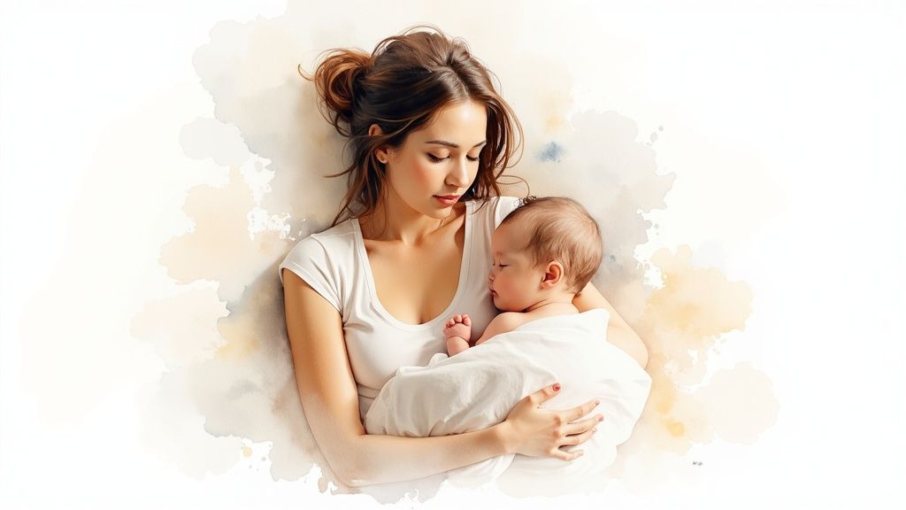 Mother tenderly holding and looking down at sleeping newborn baby in soft watercolor style