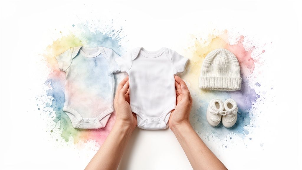 Baby essentials flat lay with a white romper held by hands, a patterned romper, hat, and booties.