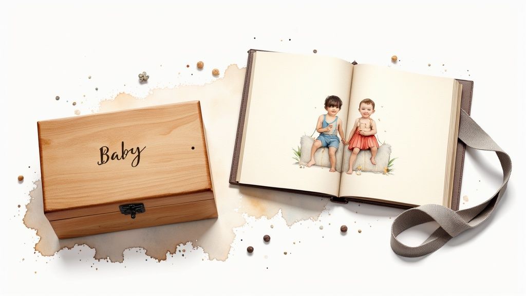 A wooden 'Baby' keepsake box beside an open photo album with illustrations of two infants.