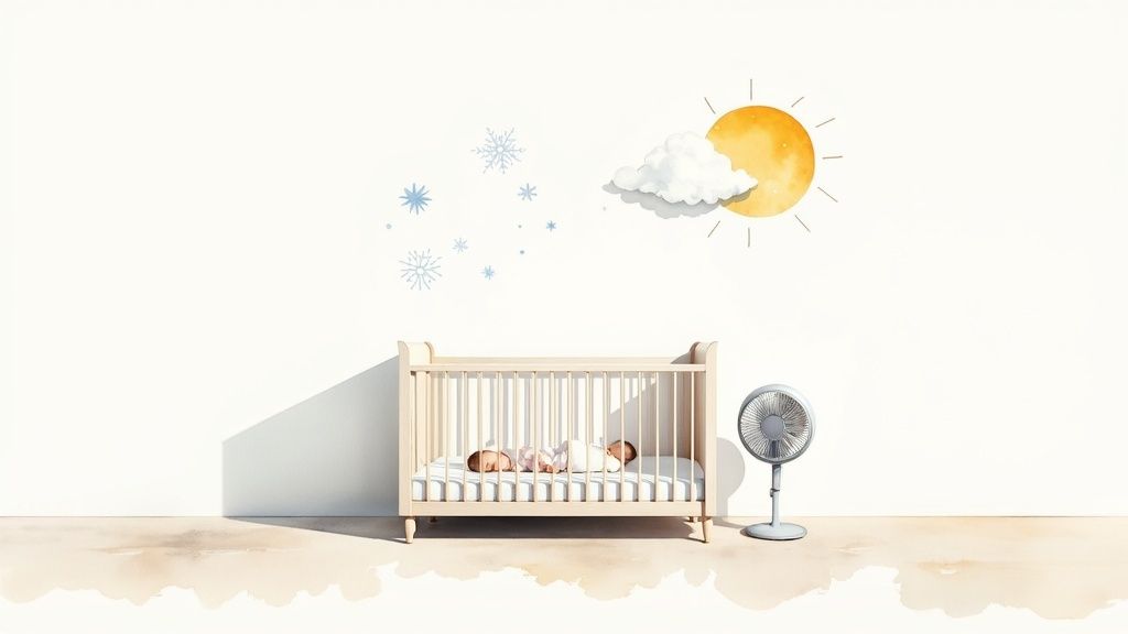 A serene nursery with blackout curtains drawn and a gentle fan circulating air