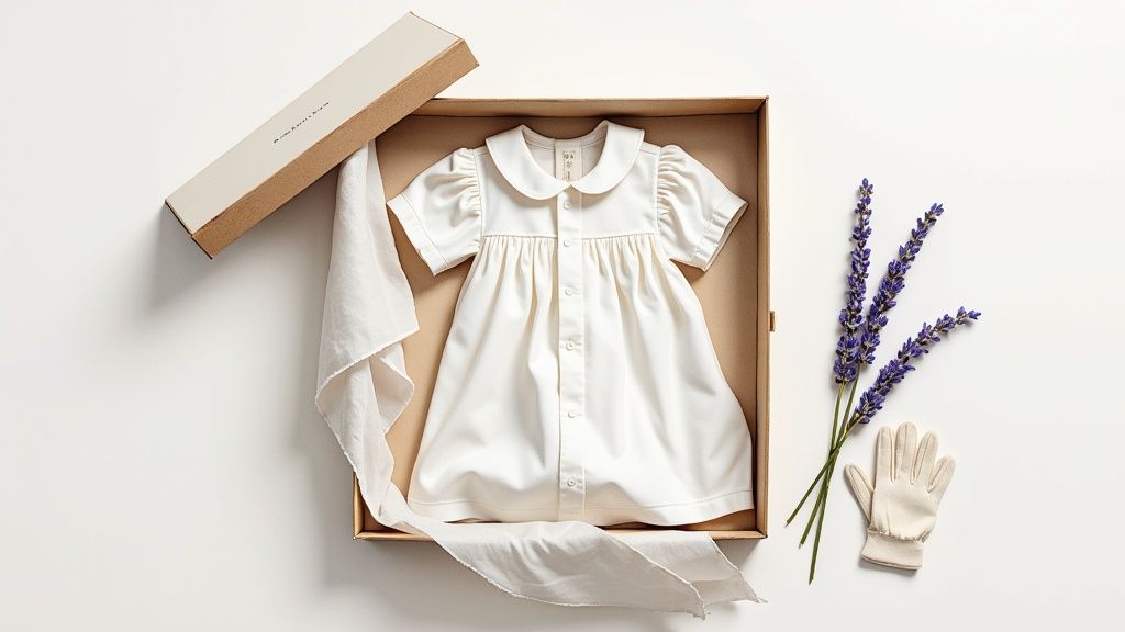 A cream baby dress neatly packed in a gift box, accompanied by lavender and tiny gloves.