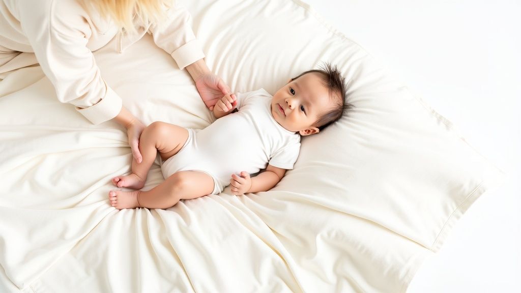 A baby in a white onesie lies on a light blanket, while a parent gently holds their leg.