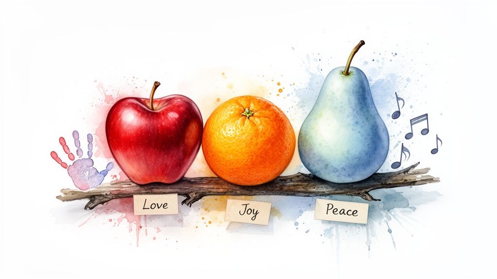 A vibrant watercolor of an apple, orange, and blue pear, labeled Love, Joy, and Peace.