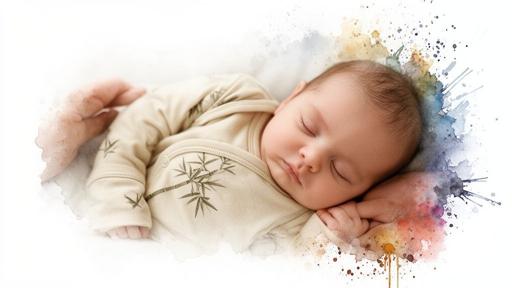 A serene newborn baby peacefully sleeping in soft bamboo pajamas amidst gentle watercolor paint splashes.