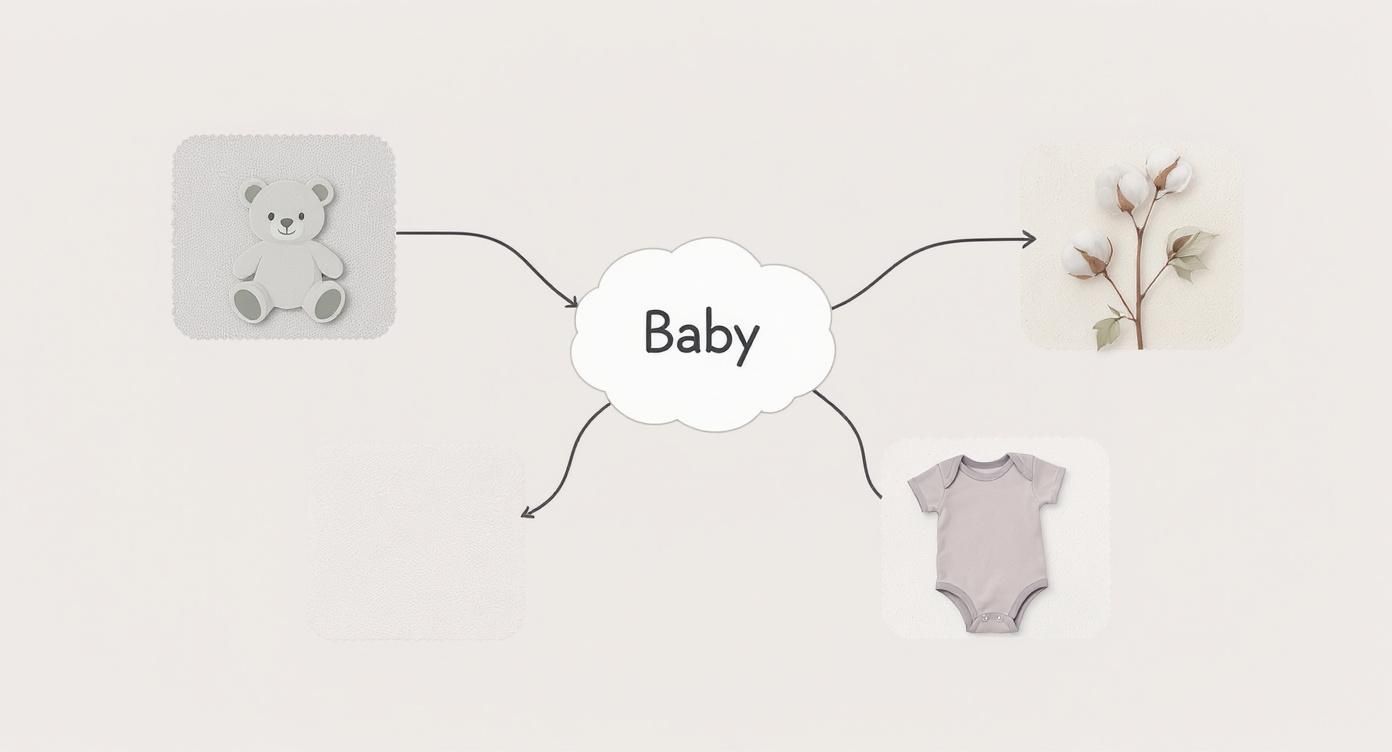 Mind map diagram showing baby concept with teddy bear, cotton plant, and baby onesie connections