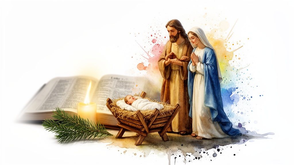 A watercolor Nativity scene depicting Mary, Joseph, and baby Jesus in a manger, with a Bible and candle.