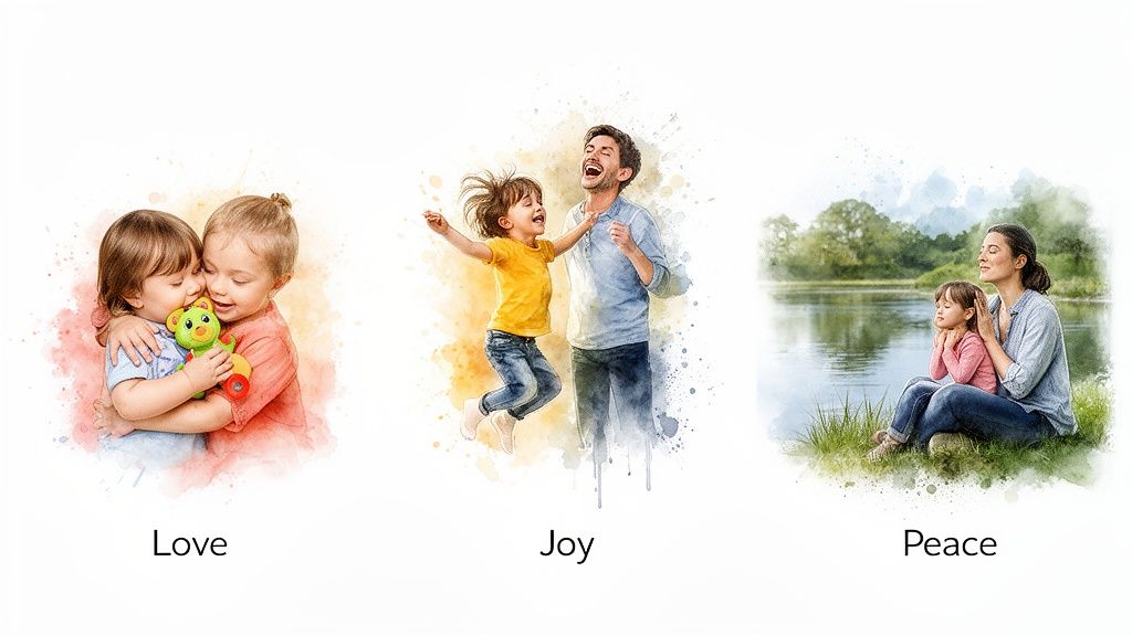 Three watercolor illustrations depicting family love, joy, and peace in various heartwarming scenes.