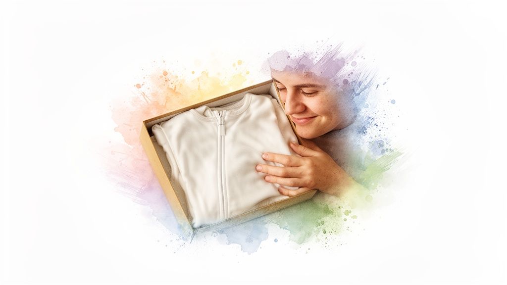 Happy person gently smelling a soft white baby sleepsuit in a gift box, with colorful watercolor accents.