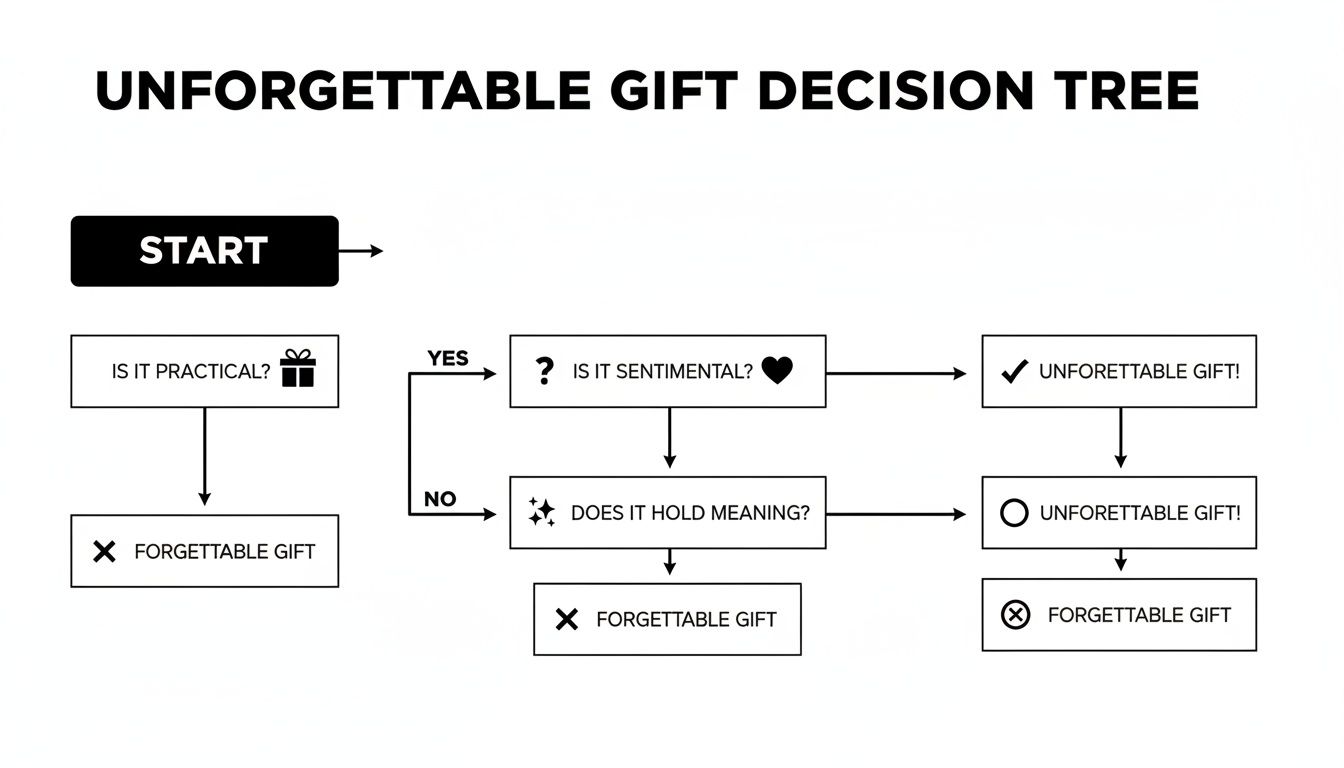Flowchart illustrating an Unforgettable Gift Decision Tree, guiding users to find meaningful and sentimental presents.