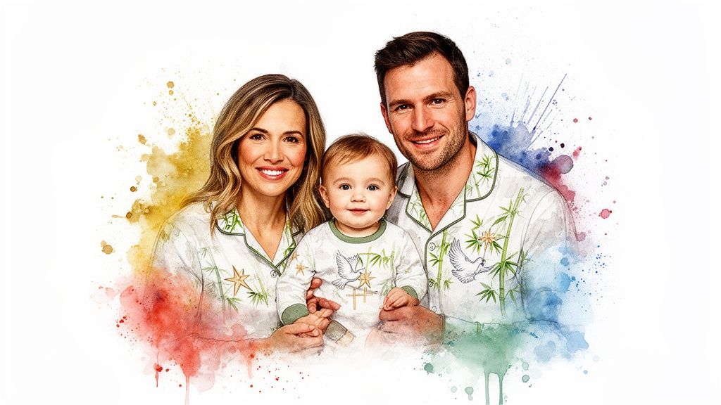 A joyful family portrait in matching bamboo and holiday-themed pajamas with a watercolor splash effect.
