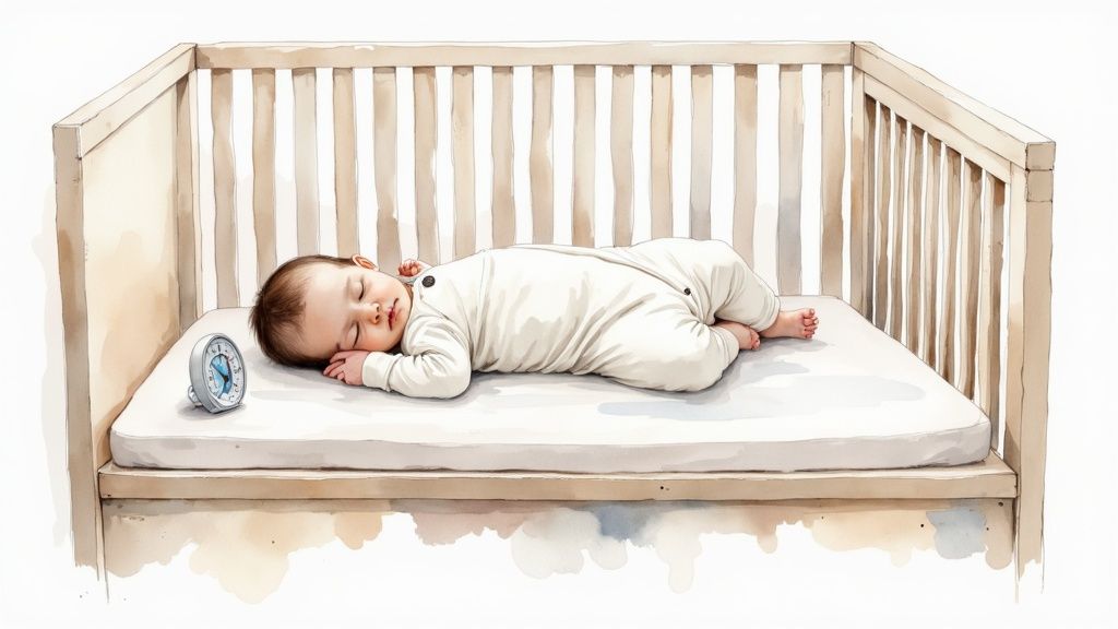 A baby in a white sleep sack sleeps peacefully on their side in a wooden crib, an alarm clock nearby.
