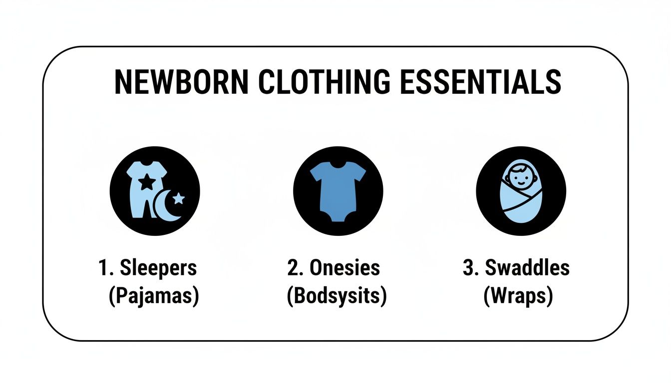 A visual guide to newborn clothing essentials featuring sleepers, onesies, and swaddles with icons.