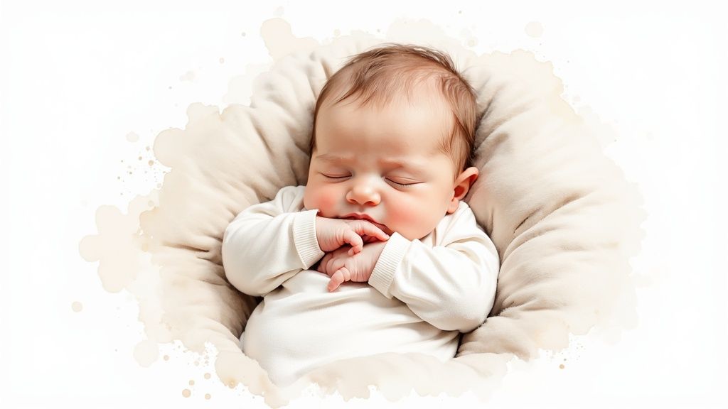 A peaceful newborn baby sleeps soundly in a cozy, light-colored nest, wearing a white long-sleeve onesie.