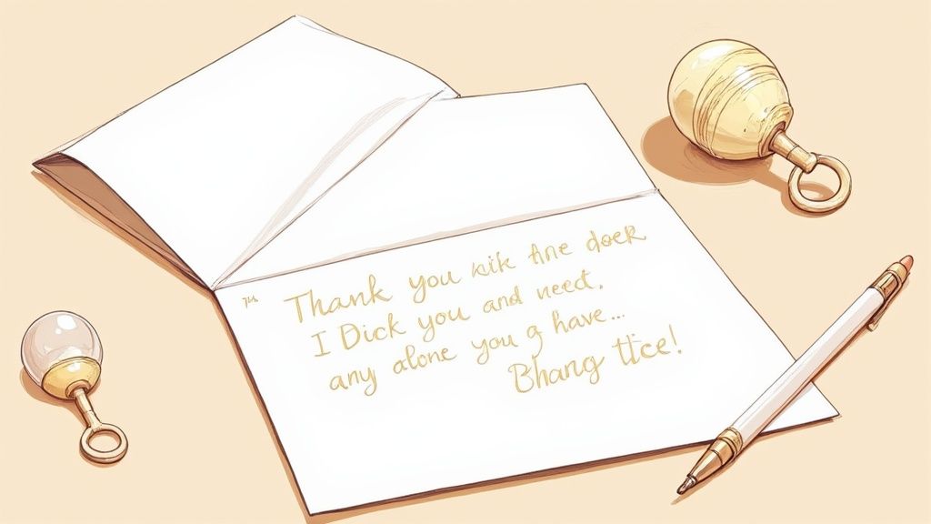 A parent writing thank you cards with a baby nearby
