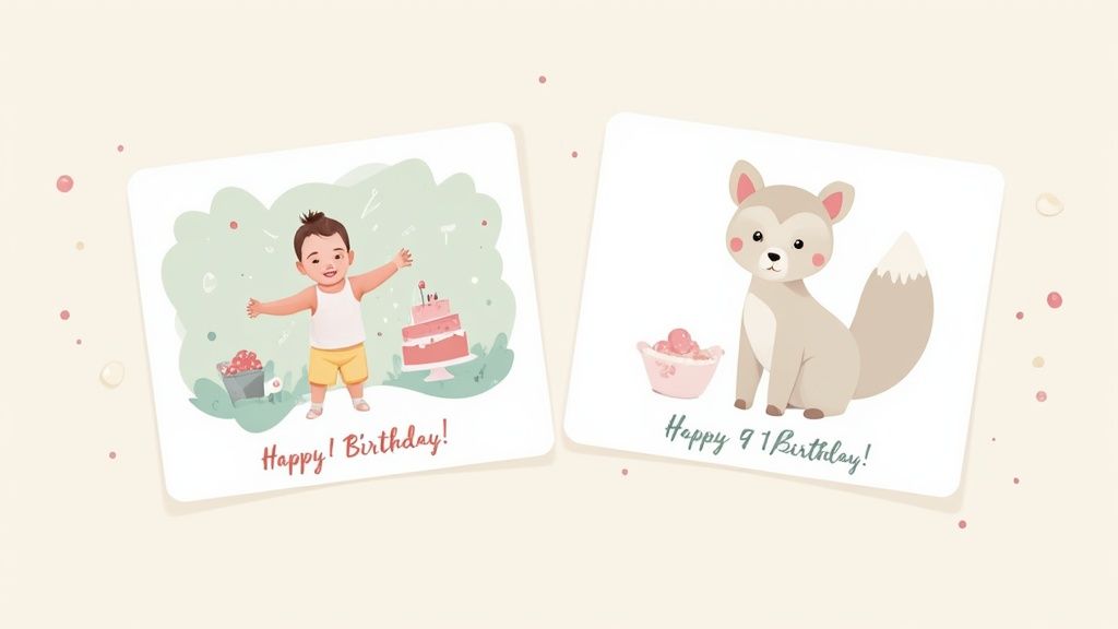 A collection of beautifully designed 1st birthday thank you cards, some with photos and some with illustrations