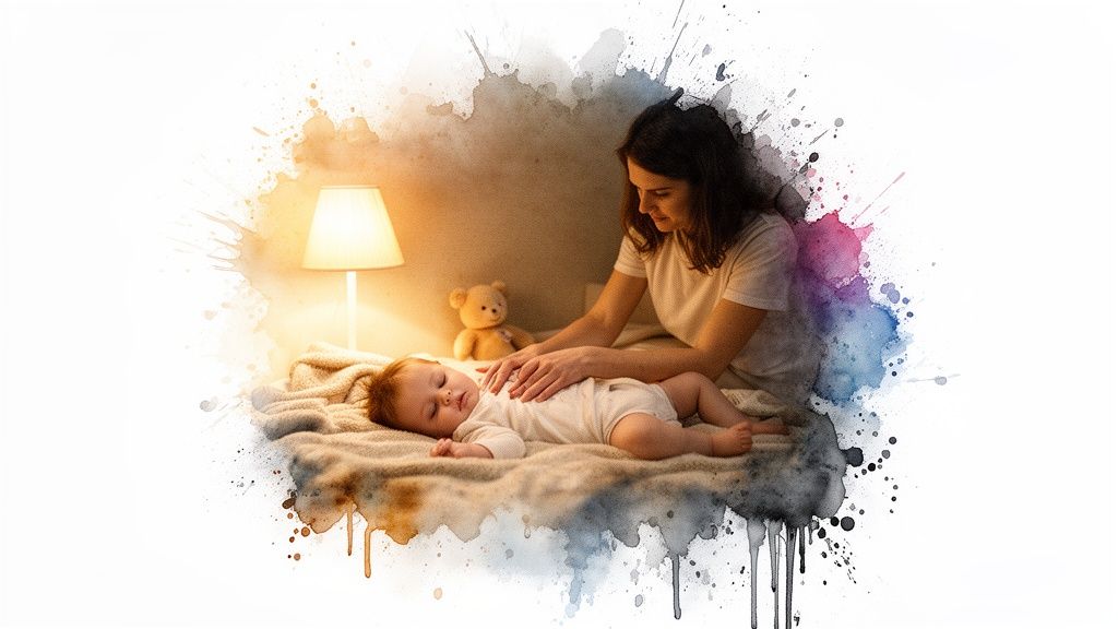 A mother gently touches her sleeping baby on a bed with a lamp and teddy bear nearby.