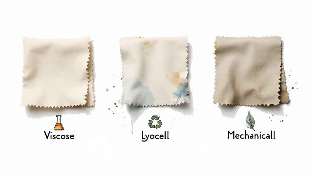 Three fabric swatches comparing Viscose (clean, chemical flask), Lyocell (stained, recycling symbol), and Mechanicall (dirty, leaf).