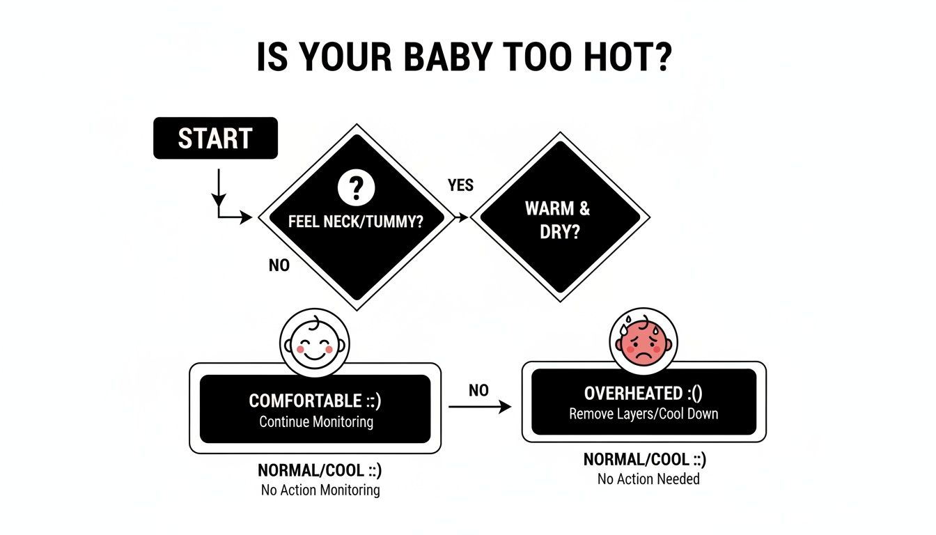 Flowchart guiding parents on how to check if their baby is too hot and next steps.