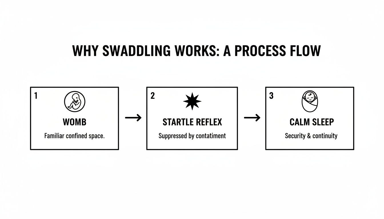 Diagram showing how swaddling replicates the womb, suppresses startle reflex, and promotes calm sleep for newborns.