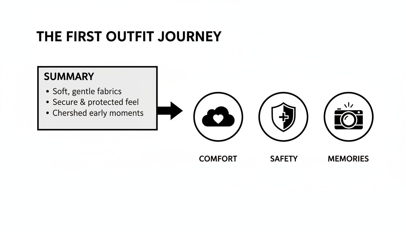 Infographic showing the journey of a first outfit, emphasizing comfort, safety, and memories through soft fabrics.
