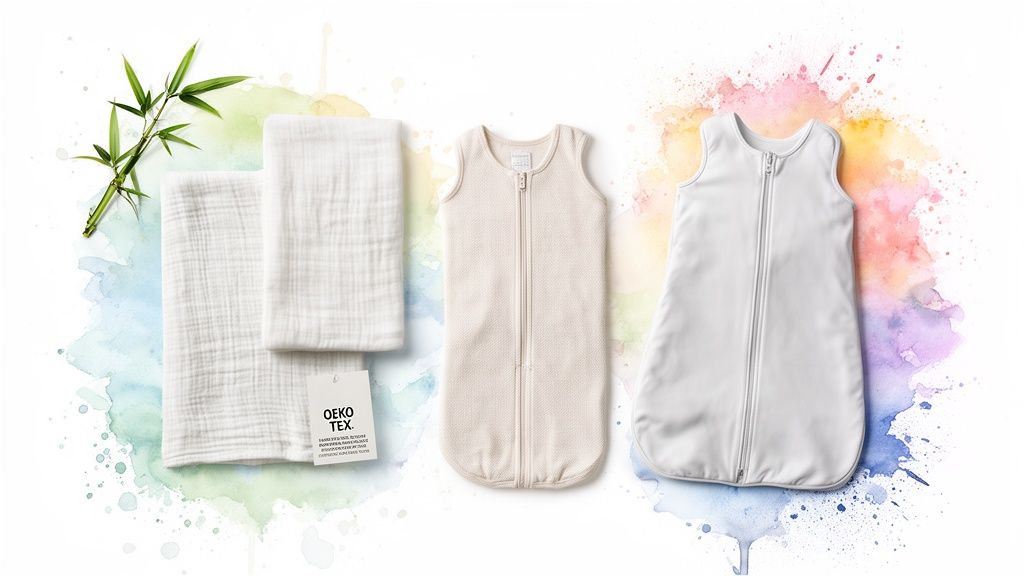 Bamboo stalks, white muslin cloths with OEKO-TEX tag, and two baby sleep sacks on a colorful watercolor background.