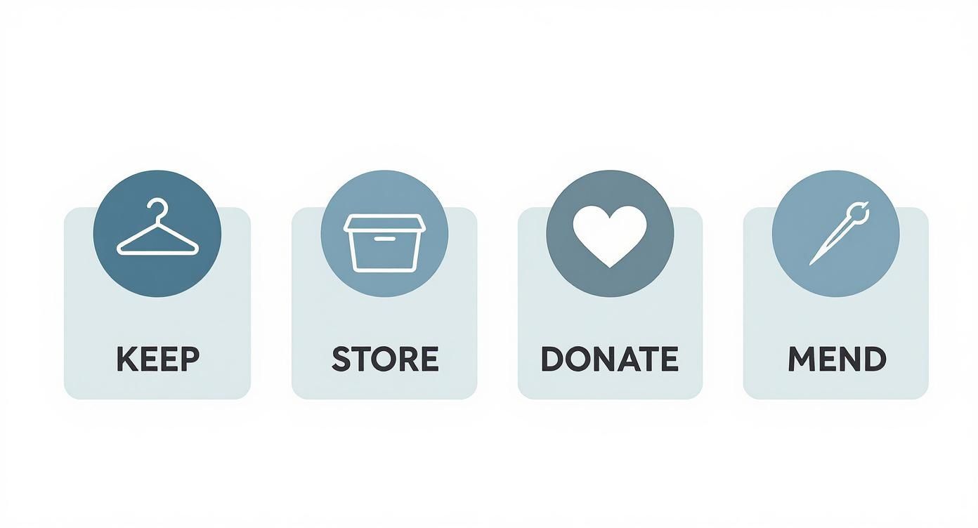 Four icons for organizing: keep clothes with a hanger, store with a box, donate with a heart, mend with a needle.