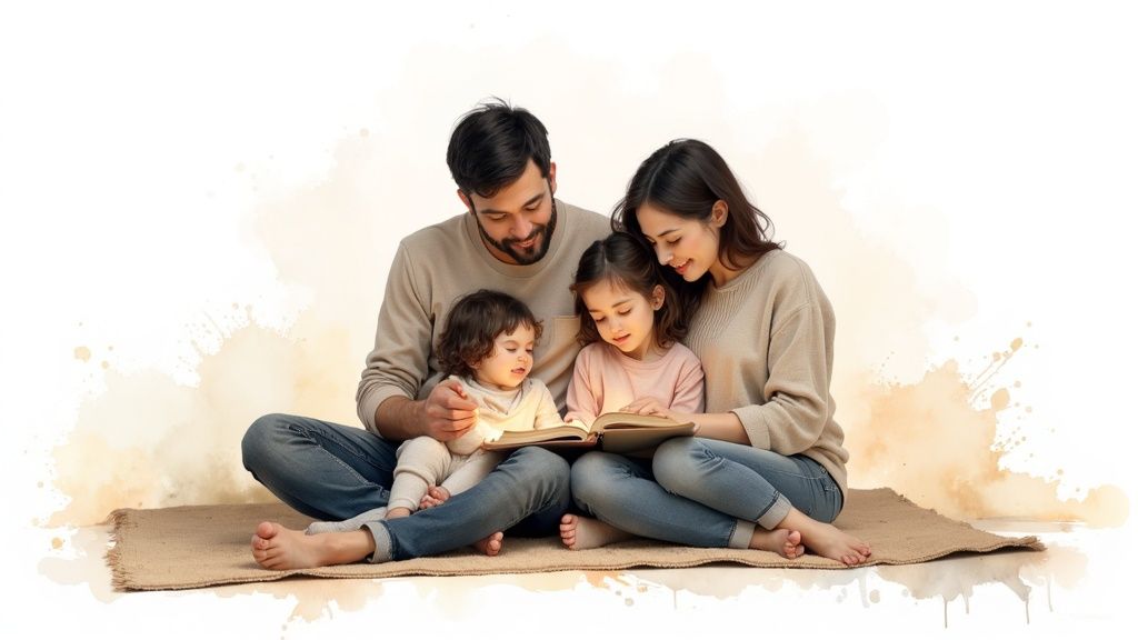 A happy family, parents and two young children, sit together on a mat, reading a book and smiling.