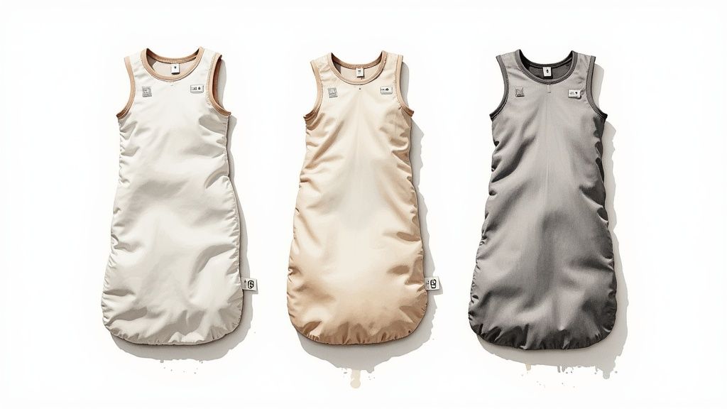 Three baby sleep sacks in white, beige, and grey on a clean white background.
