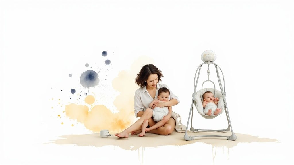 A parent gently holding their baby's feet.