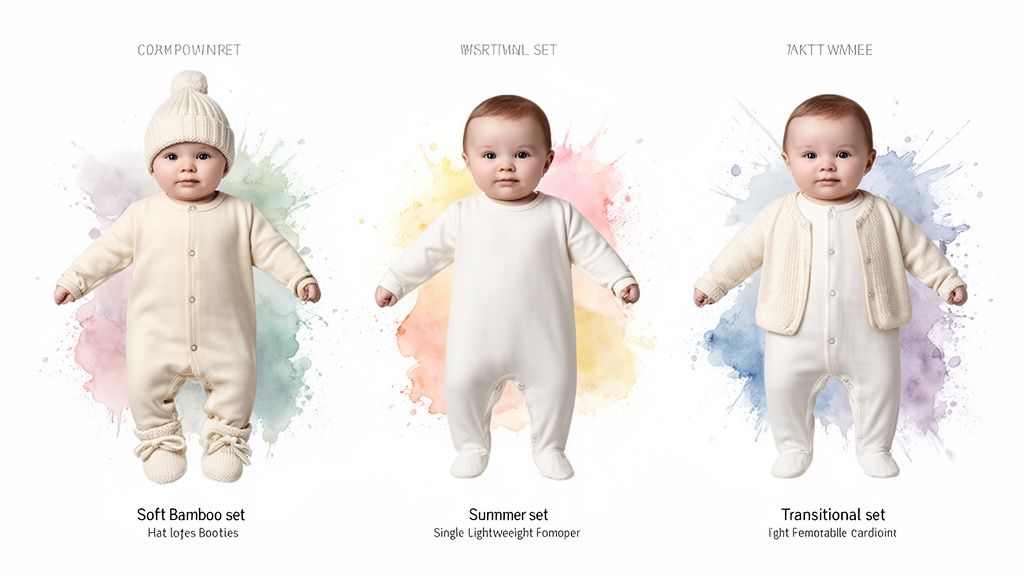Three babies modeling different cream-colored outfits, including hats, booties, and cardigans, against colorful watercolor splashes.