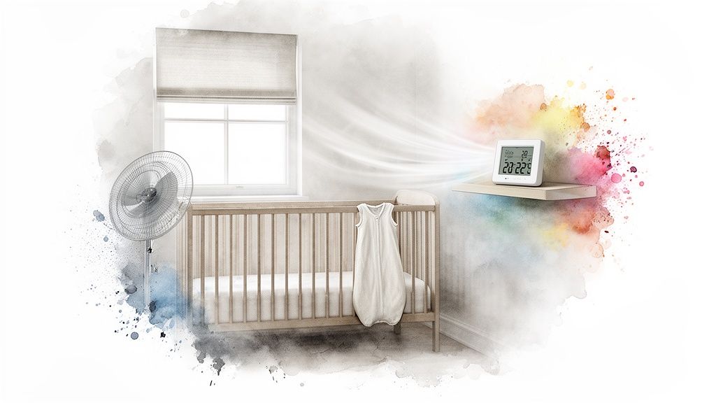 A baby's room with a crib, a fan, and a thermometer on a shelf, showing ideal nursery temperature.