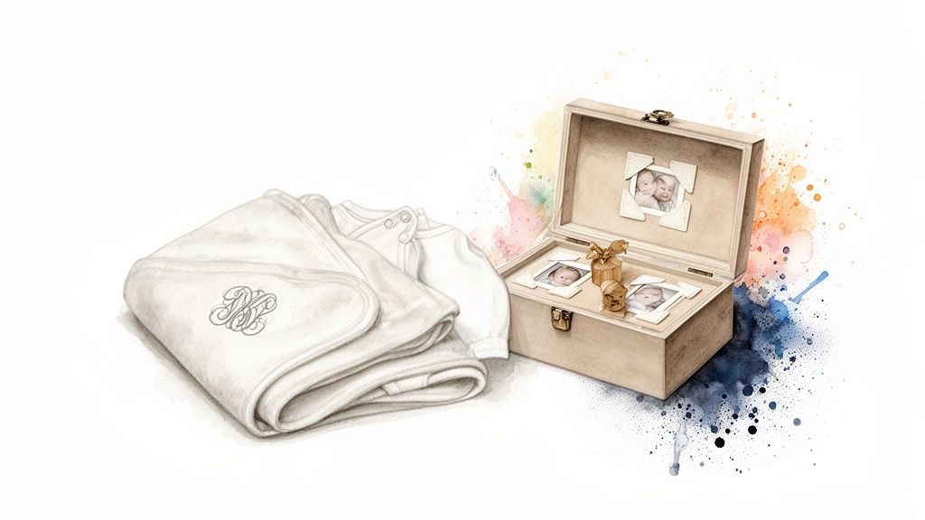 Soft watercolor illustration of a personalized baby blanket, onesie, and a wooden memory box filled with baby photos and keepsakes.