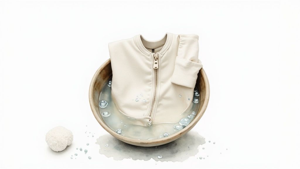 A neatly folded stack of clean, soft bamboo zipper onesies next to a gentle laundry detergent.