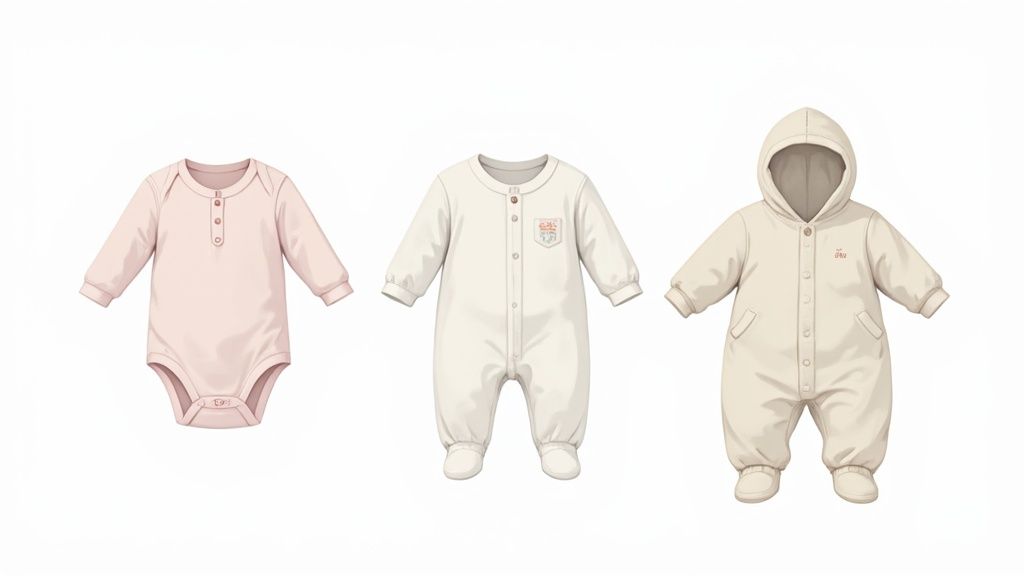A collection of different types of baby clothes neatly folded, including a onesie, pajamas, and a jacket.