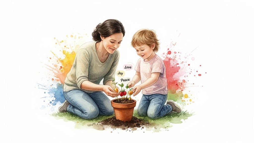 A mother and child planting "Love, Joy, Peace" labeled plants in a pot, surrounded by colorful splashes.