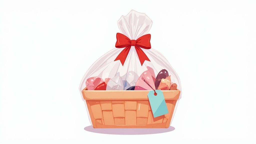 A new mom smiling as she looks through a thoughtful gift basket filled with items for her.