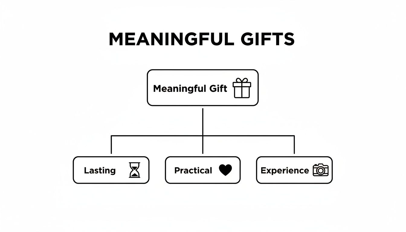 Diagram illustrating meaningful gifts, categorized into lasting, practical, and experience options with icons.