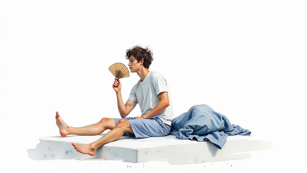 A young man in light clothes sits, fanning himself with a wooden hand fan.