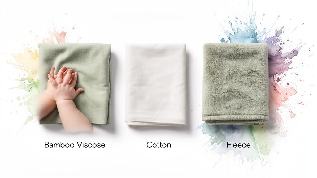 Comparison of three gentle baby fabrics: bamboo viscose with baby hands, white cotton, and soft fleece.
