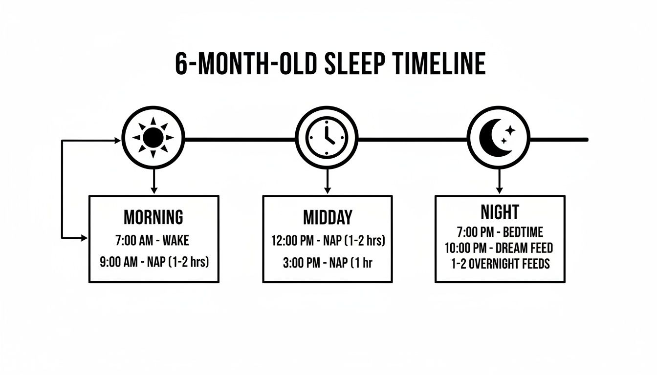 A black and white infographic detailing a 6-month-old sleep timeline with morning, midday, and night routines.
