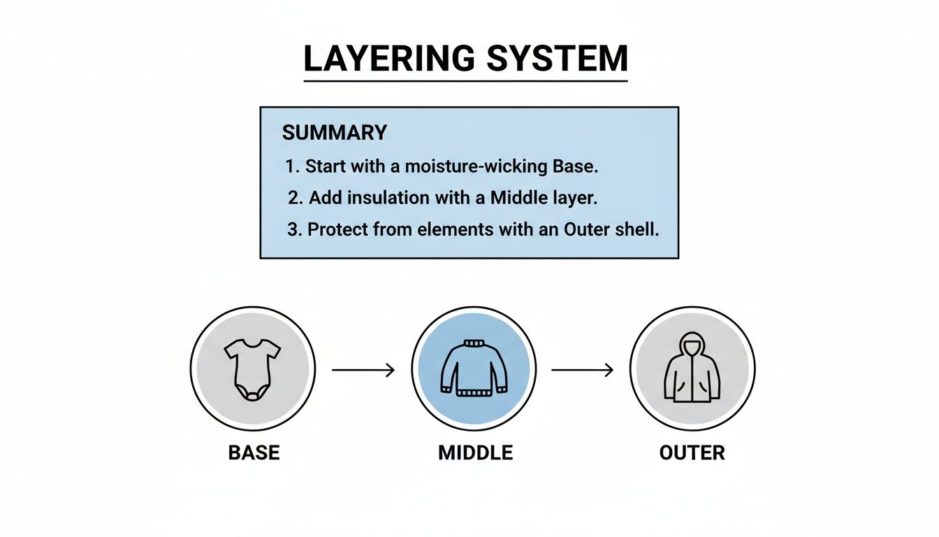 Layering system for babies, showing base, middle, and outer layers with clothing examples.