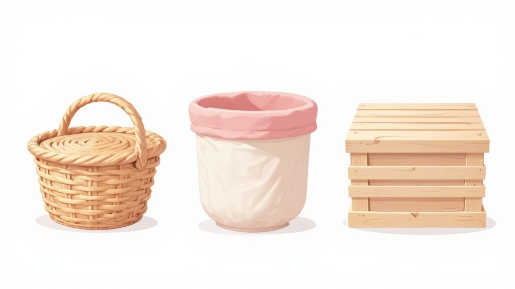 Several stylish and reusable baskets suitable for new mom gifts, such as a canvas tote and a wire storage bin, displayed together.